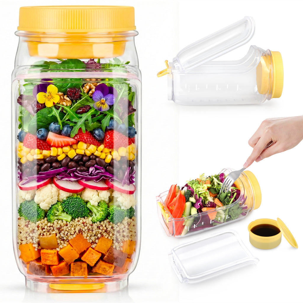 Solunex Salad Jar with Side Opening – Double-Lock Leak-Resistant Design, Vertical Layering Keeps Salads Fresh, Leak-Proof Salad Jar with Dressing Cup, Durable Salad Container for Lunch, Meal Prep & Work