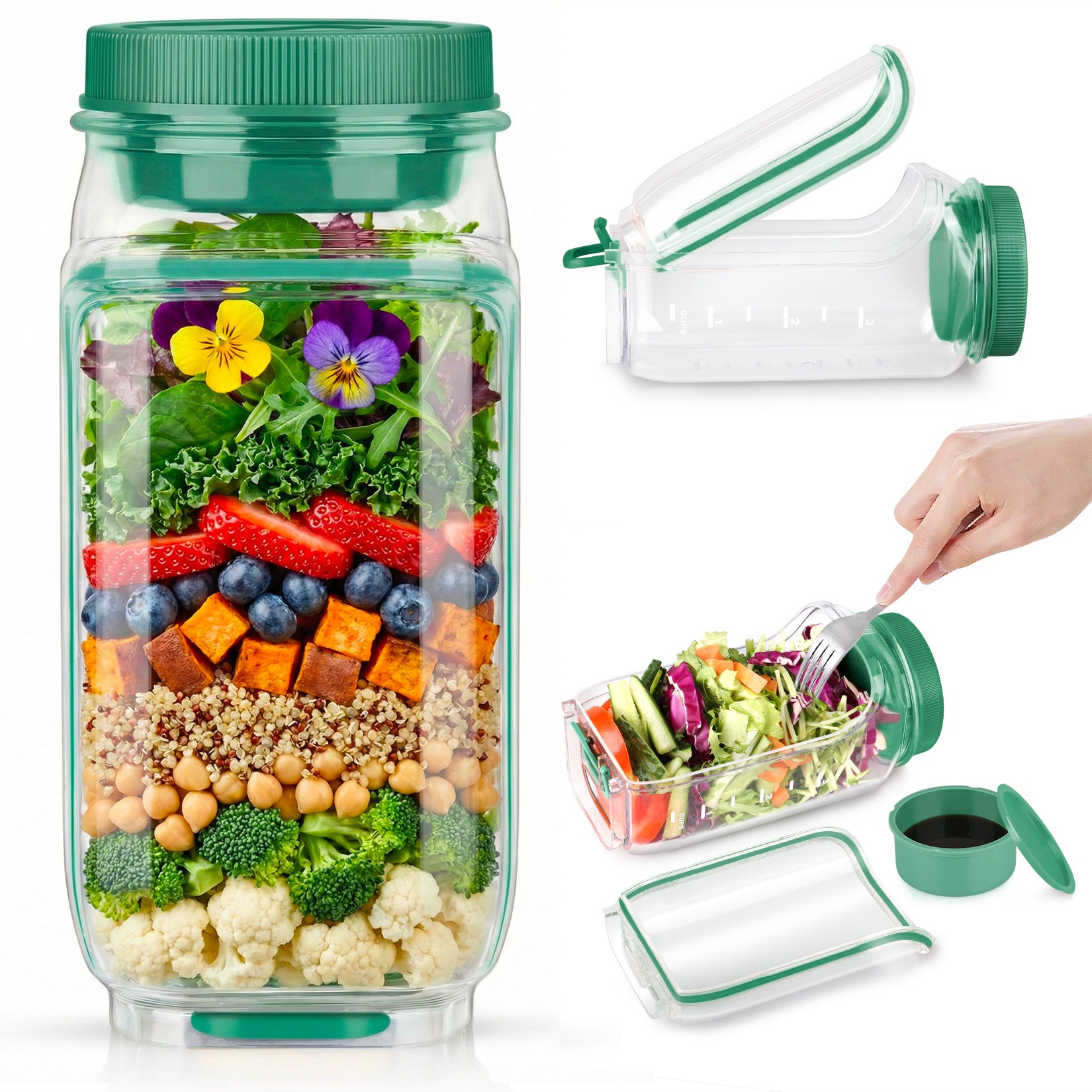 Solunex Salad Jar with Side Opening – Double-Lock Leak-Resistant Design, Vertical Layering Keeps Salads Fresh, Leak-Proof Salad Jar with Dressing Cup, Durable Salad Container for Lunch, Meal Prep & Work