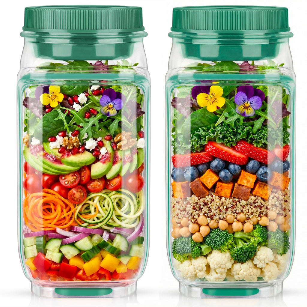 Solunex 2PC Salad Jar with Side Opening – Double-Lock Leak-Resistant Design, Vertical Layering Keeps Salads Fresh, Leak-Proof Salad Jar with Dressing Cup, Durable Salad Container for Lunch, Meal Prep & Work