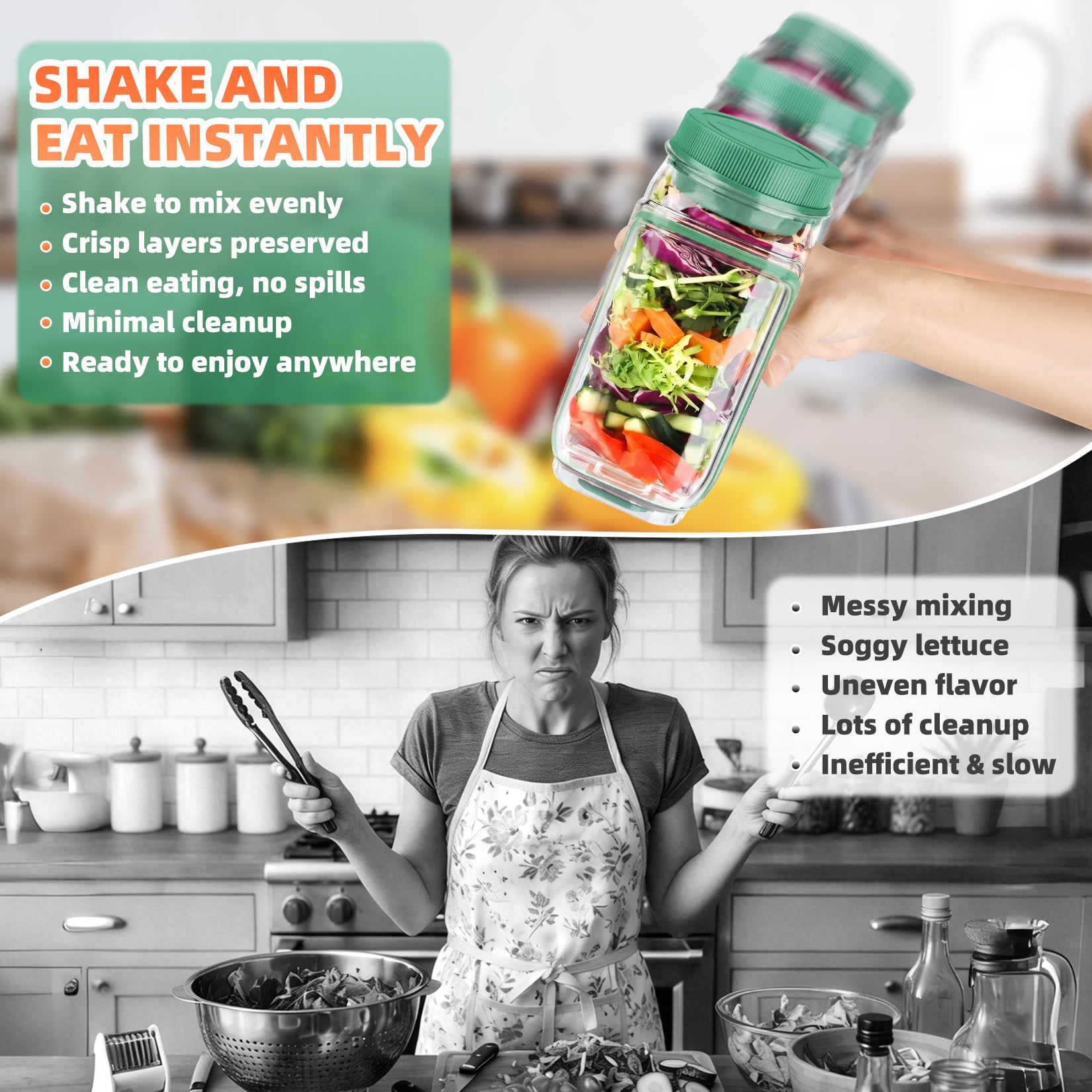 Solunex Salad Jar with Side Opening – Double-Lock Leak-Resistant Design, Vertical Layering Keeps Salads Fresh, Leak-Proof Salad Jar with Dressing Cup, Durable Salad Container for Lunch, Meal Prep & Work