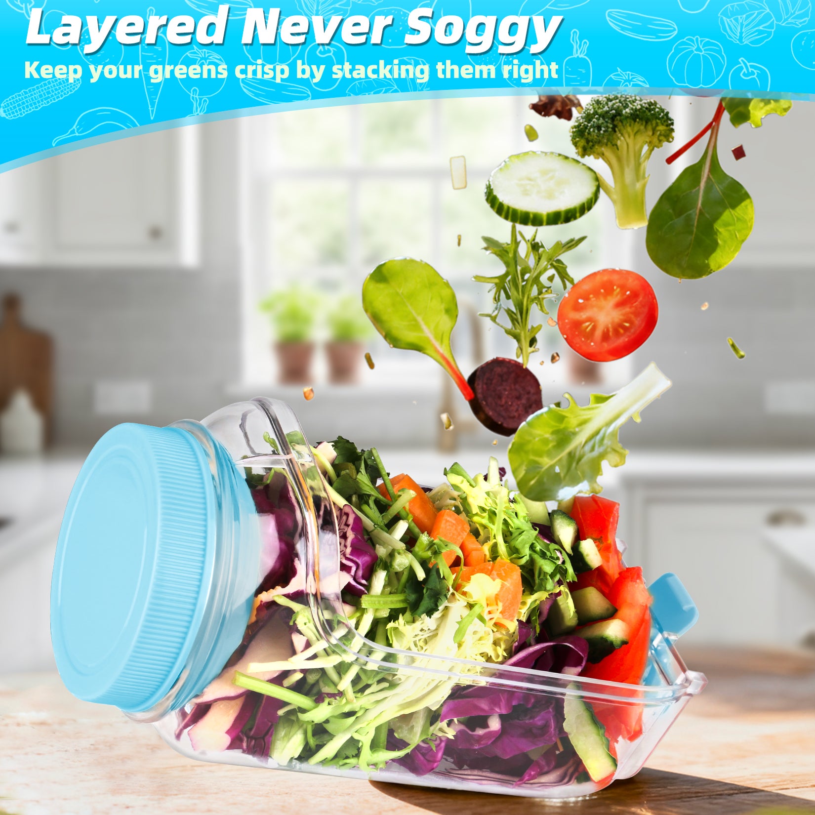 Solunex Salad Jar with Side Opening – Double-Lock Leak-Resistant Design, Vertical Layering Keeps Salads Fresh, Leak-Proof Salad Jar with Dressing Cup, Durable Salad Container for Lunch, Meal Prep & Work