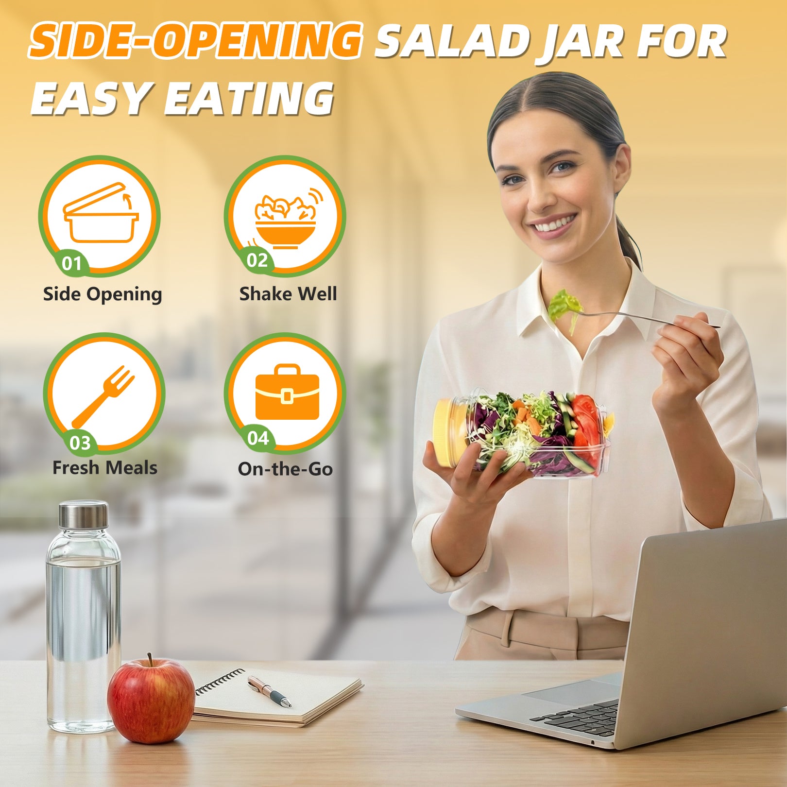 Solunex 2PC Salad Jar with Side Opening – Double-Lock Leak-Resistant Design, Vertical Layering Keeps Salads Fresh, Leak-Proof Salad Jar with Dressing Cup, Durable Salad Container for Lunch, Meal Prep & Work