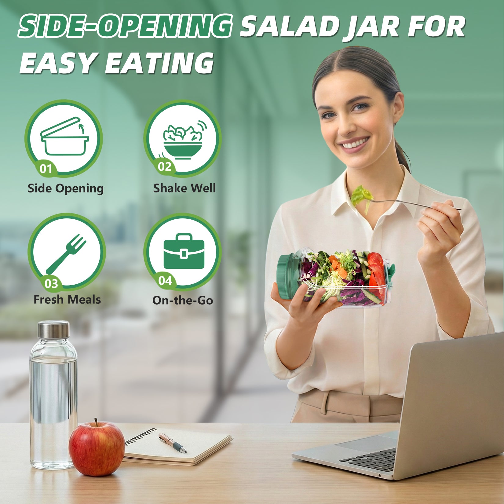 Solunex Salad Jar with Side Opening – Double-Lock Leak-Resistant Design, Vertical Layering Keeps Salads Fresh, Leak-Proof Salad Jar with Dressing Cup, Durable Salad Container for Lunch, Meal Prep & Work