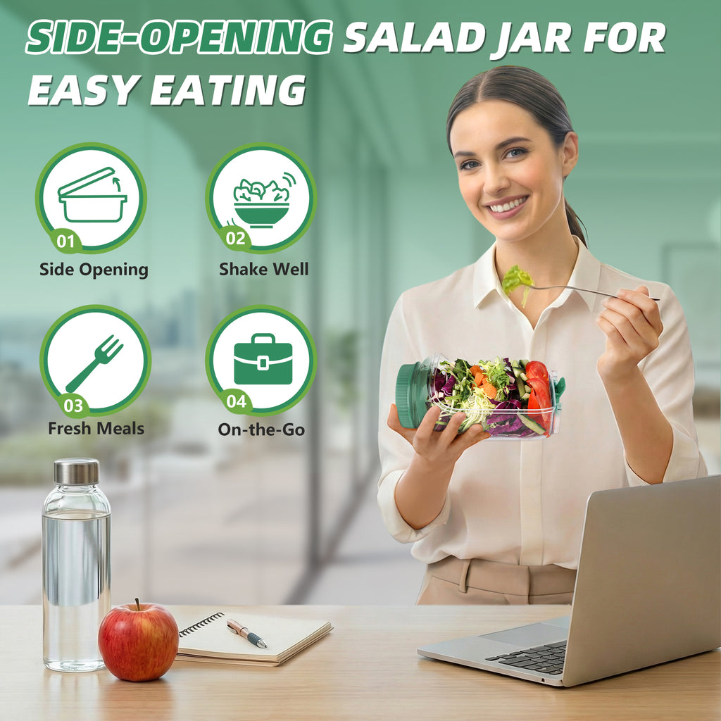 Solunex 2PC Salad Jar with Side Opening – Double-Lock Leak-Resistant Design, Vertical Layering Keeps Salads Fresh, Leak-Proof Salad Jar with Dressing Cup, Durable Salad Container for Lunch, Meal Prep & Work