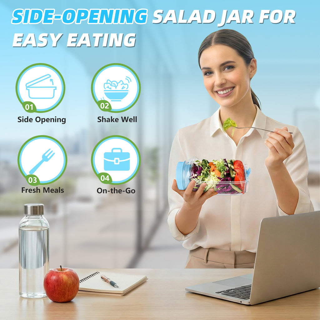 Solunex Salad Jar with Side Opening – Double-Lock Leak-Resistant Design, Vertical Layering Keeps Salads Fresh, Leak-Proof Salad Jar with Dressing Cup, Durable Salad Container for Lunch, Meal Prep & Work