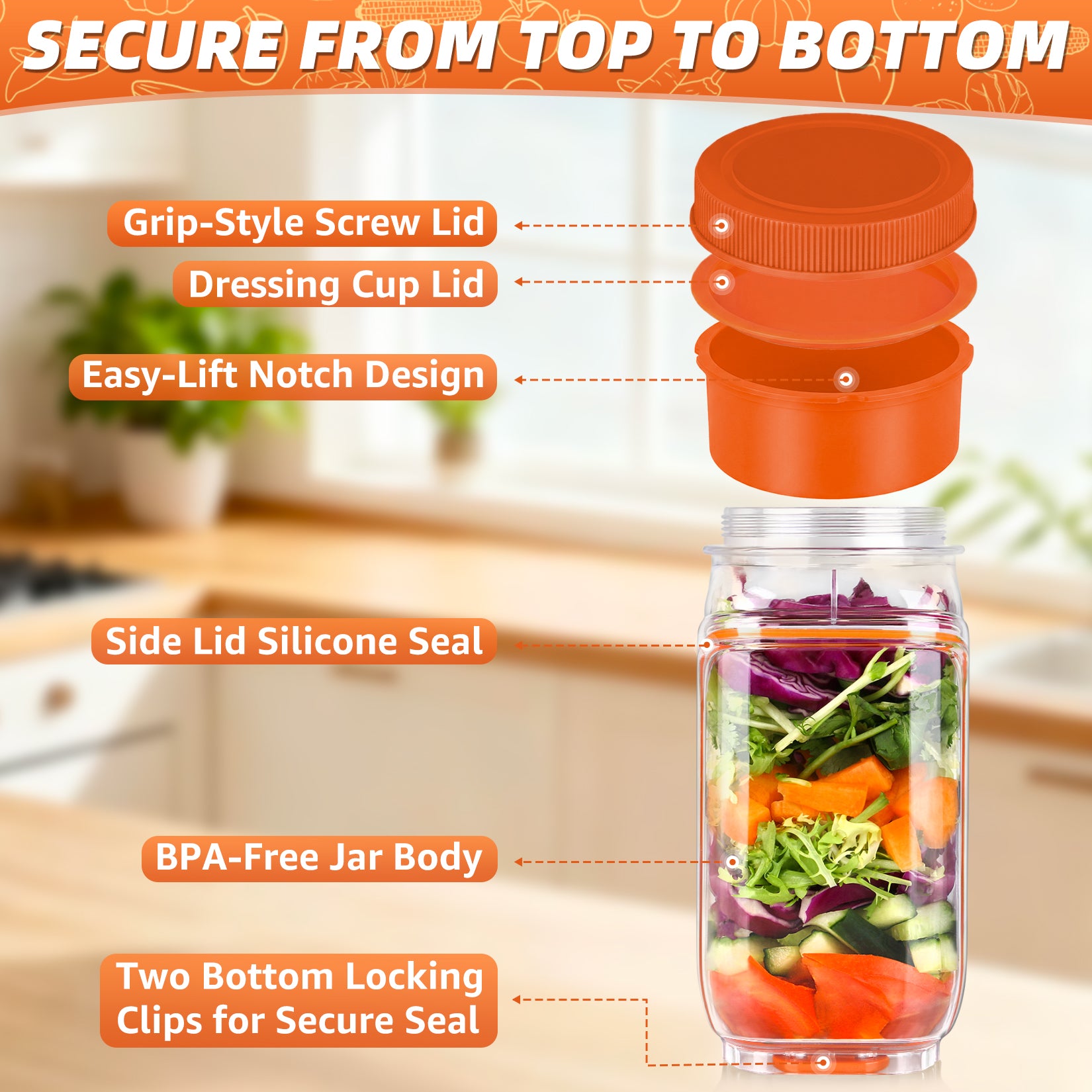Solunex Salad Jar with Side Opening – Double-Lock Leak-Resistant Design, Vertical Layering Keeps Salads Fresh, Leak-Proof Salad Jar with Dressing Cup, Durable Salad Container for Lunch, Meal Prep & Work
