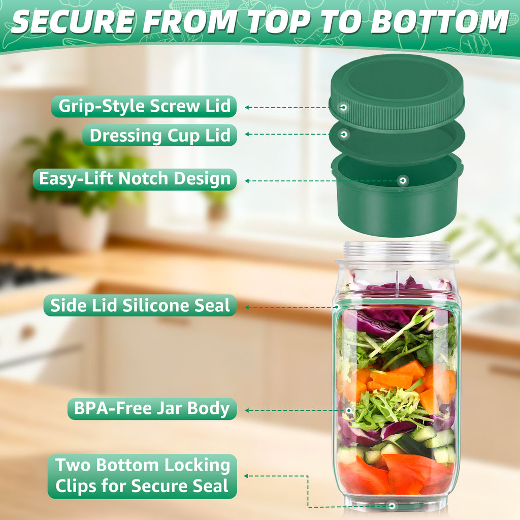 Solunex Salad Jar with Side Opening – Double-Lock Leak-Resistant Design, Vertical Layering Keeps Salads Fresh, Leak-Proof Salad Jar with Dressing Cup, Durable Salad Container for Lunch, Meal Prep & Work