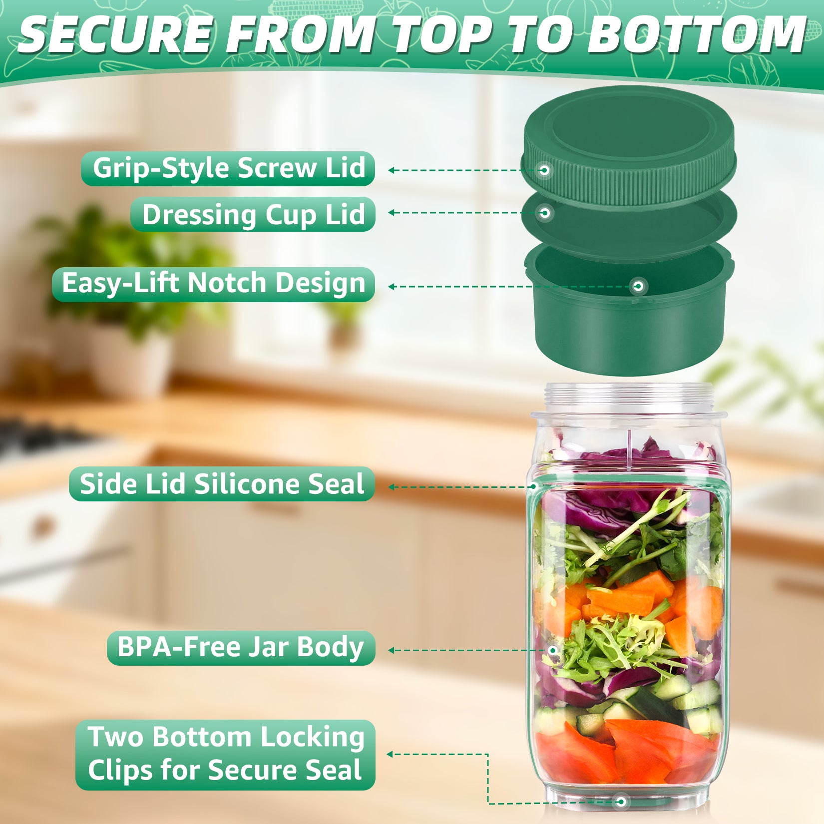 Solunex Salad Jar with Side Opening – Double-Lock Leak-Resistant Design, Vertical Layering Keeps Salads Fresh, Leak-Proof Salad Jar with Dressing Cup, Durable Salad Container for Lunch, Meal Prep & Work