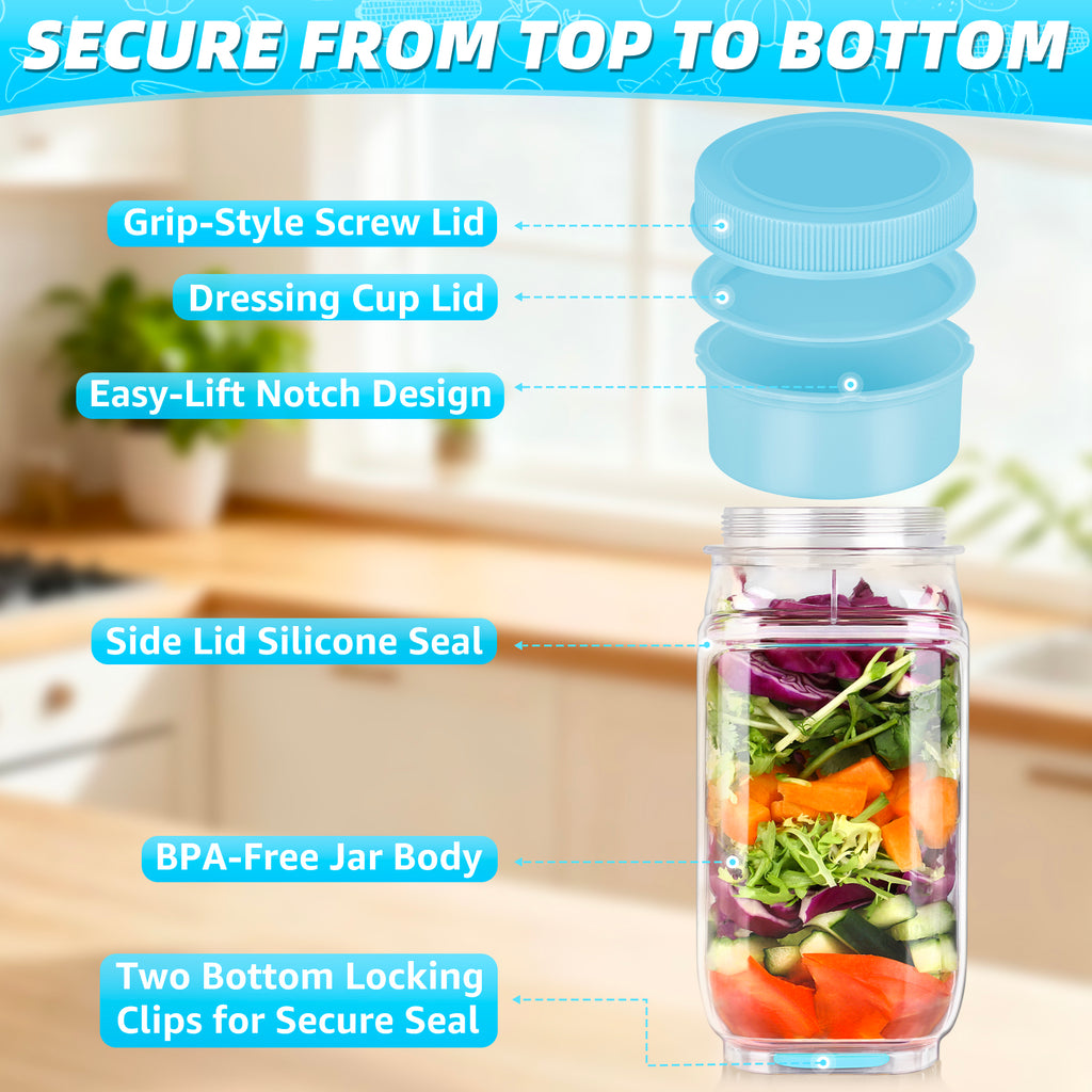 Solunex Salad Jar with Side Opening – Double-Lock Leak-Resistant Design, Vertical Layering Keeps Salads Fresh, Leak-Proof Salad Jar with Dressing Cup, Durable Salad Container for Lunch, Meal Prep & Work