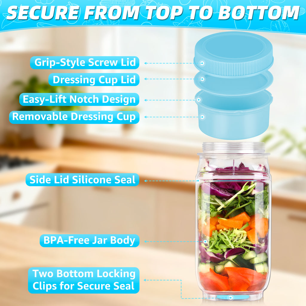 Solunex 2PC Salad Jar with Side Opening – Double-Lock Leak-Resistant Design, Vertical Layering Keeps Salads Fresh, Leak-Proof Salad Jar with Dressing Cup, Durable Salad Container for Lunch, Meal Prep & Work