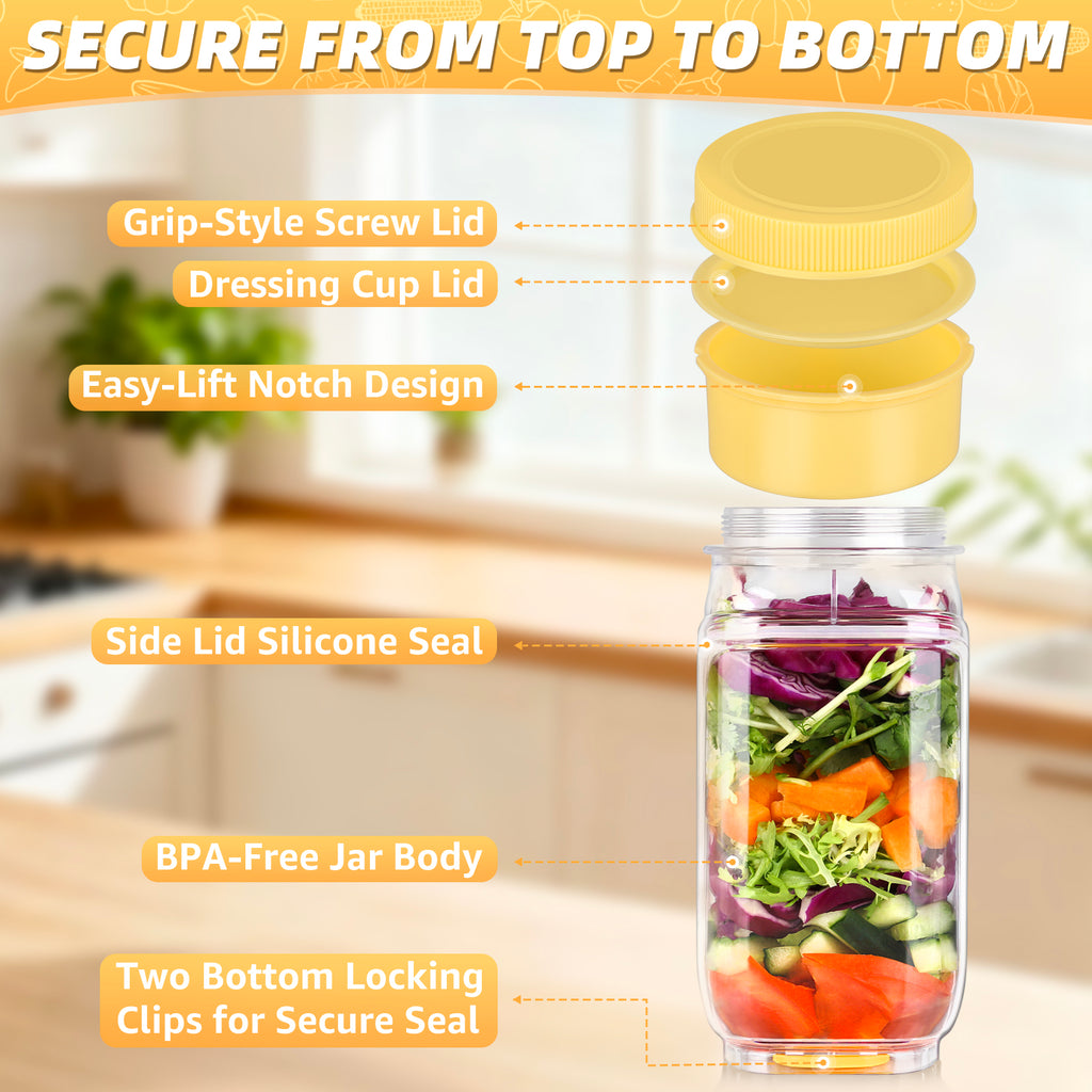 Solunex Salad Jar with Side Opening – Double-Lock Leak-Resistant Design, Vertical Layering Keeps Salads Fresh, Leak-Proof Salad Jar with Dressing Cup, Durable Salad Container for Lunch, Meal Prep & Work
