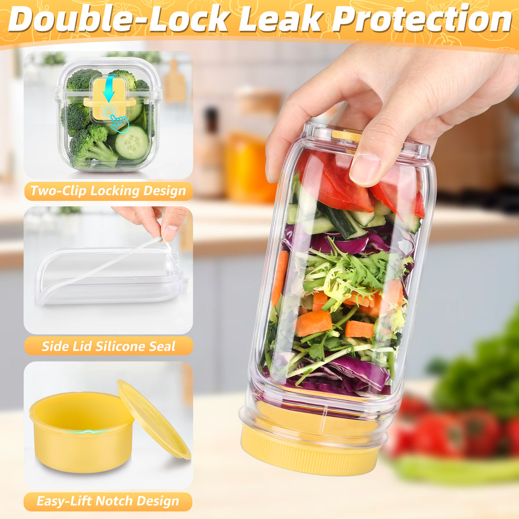 Solunex Salad Jar with Side Opening – Double-Lock Leak-Resistant Design, Vertical Layering Keeps Salads Fresh, Leak-Proof Salad Jar with Dressing Cup, Durable Salad Container for Lunch, Meal Prep & Work