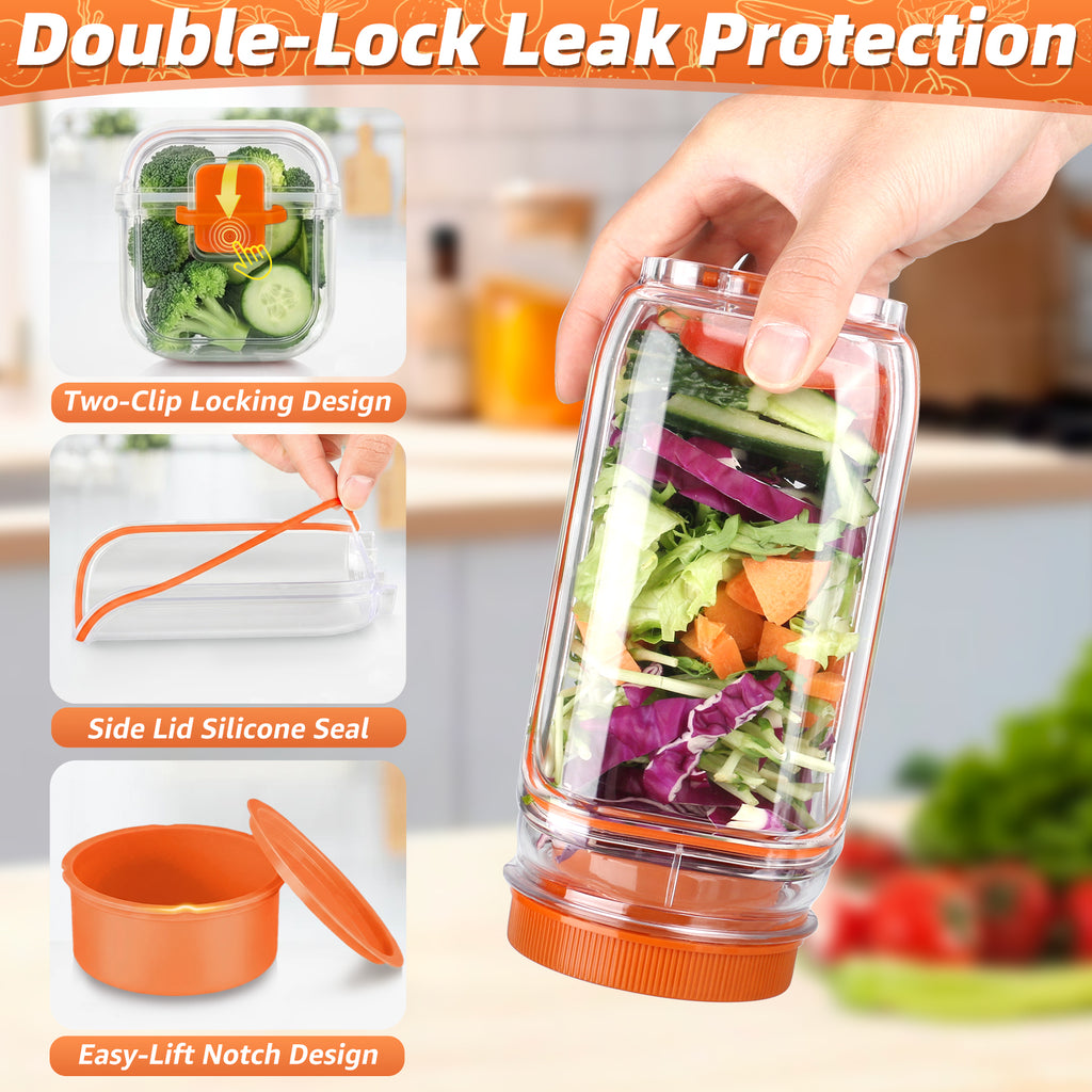Solunex Salad Jar with Side Opening – Double-Lock Leak-Resistant Design, Vertical Layering Keeps Salads Fresh, Leak-Proof Salad Jar with Dressing Cup, Durable Salad Container for Lunch, Meal Prep & Work