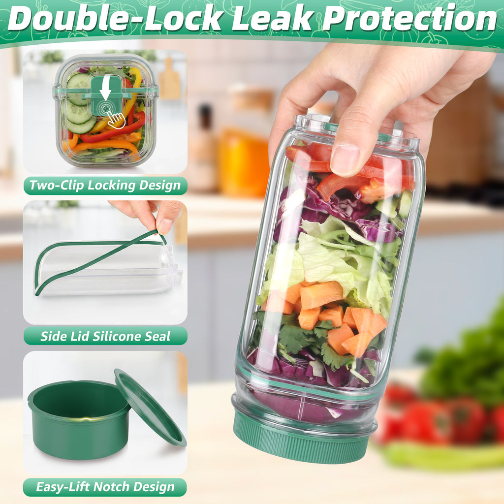 Solunex Salad Jar with Side Opening – Double-Lock Leak-Resistant Design, Vertical Layering Keeps Salads Fresh, Leak-Proof Salad Jar with Dressing Cup, Durable Salad Container for Lunch, Meal Prep & Work