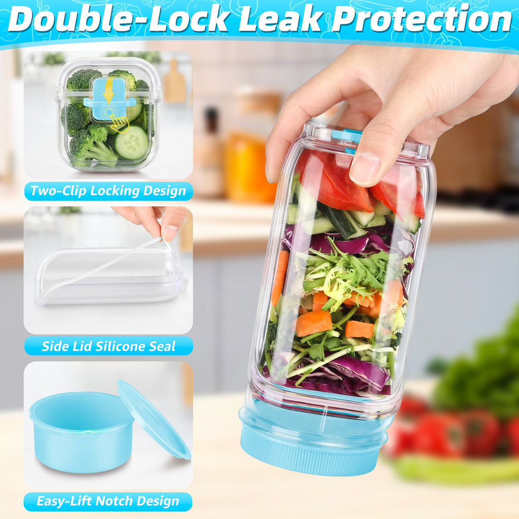Solunex Salad Jar with Side Opening – Double-Lock Leak-Resistant Design, Vertical Layering Keeps Salads Fresh, Leak-Proof Salad Jar with Dressing Cup, Durable Salad Container for Lunch, Meal Prep & Work