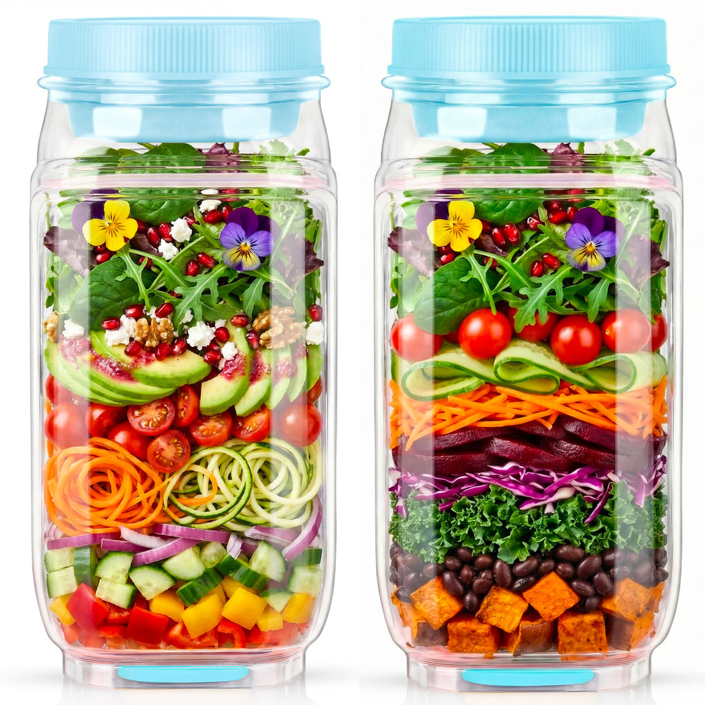 Solunex 2PC Salad Jar with Side Opening – Double-Lock Leak-Resistant Design, Vertical Layering Keeps Salads Fresh, Leak-Proof Salad Jar with Dressing Cup, Durable Salad Container for Lunch, Meal Prep & Work